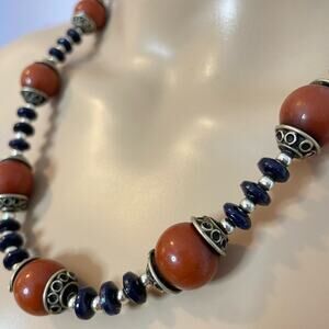 Vintage statement necklace amber black silvertone beads